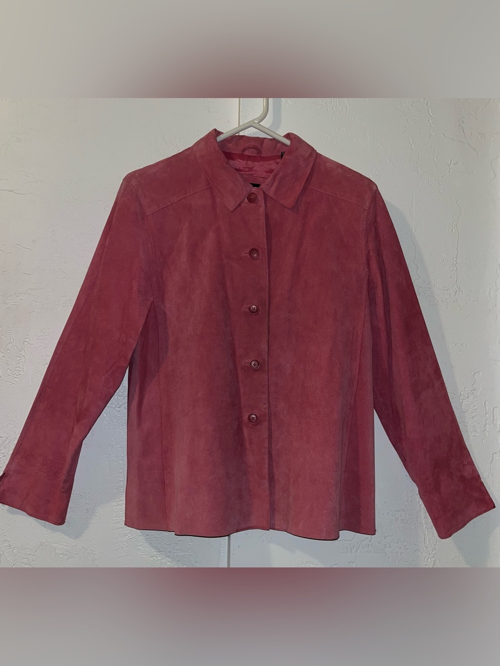 Vintage Vibrant Pink Hue Leather Suede Shirt Jacket from Valerie Stevens Petite